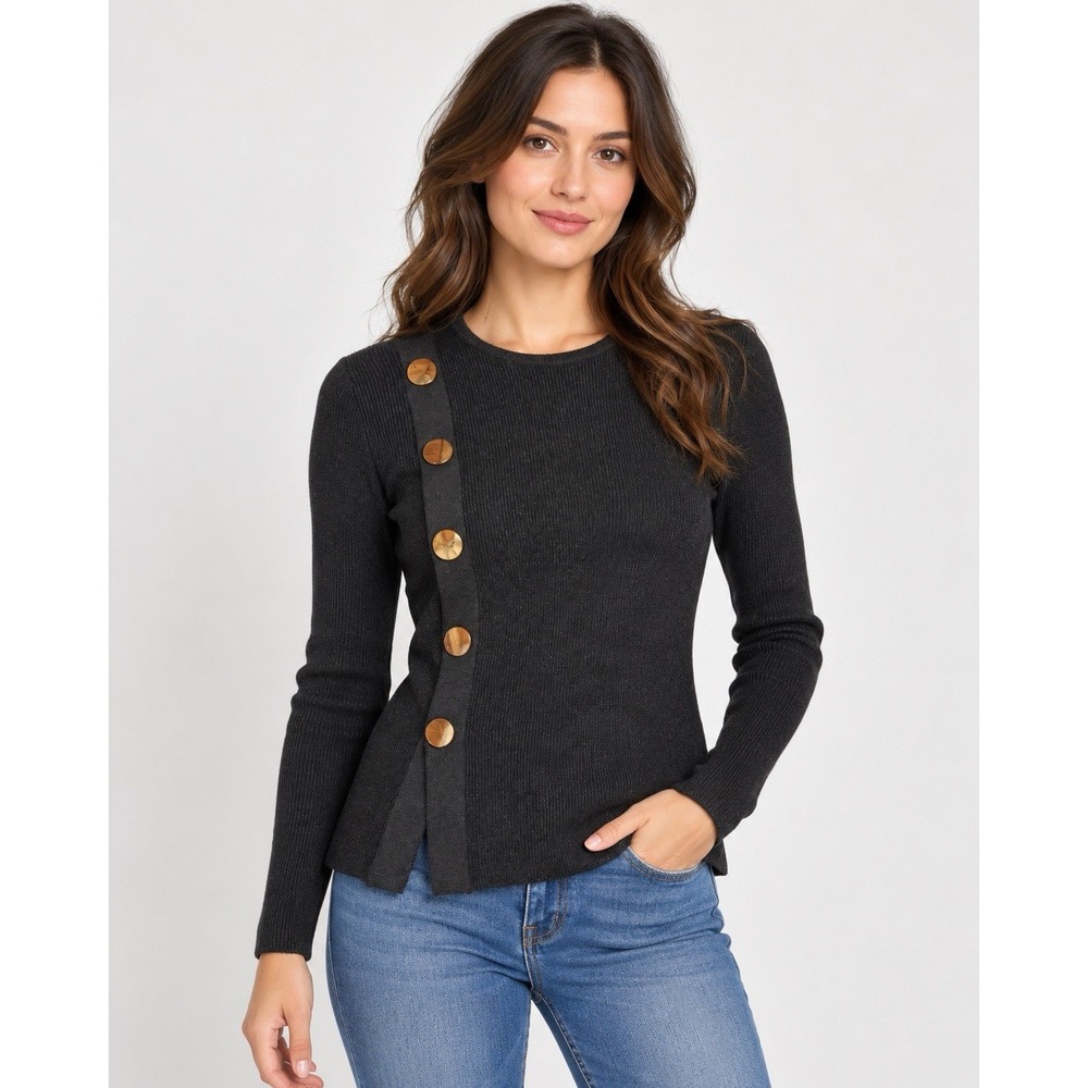 ZARA Women's Size M Black Ribbed Knit Sweater, Gold Button Asymmetrical - NWT